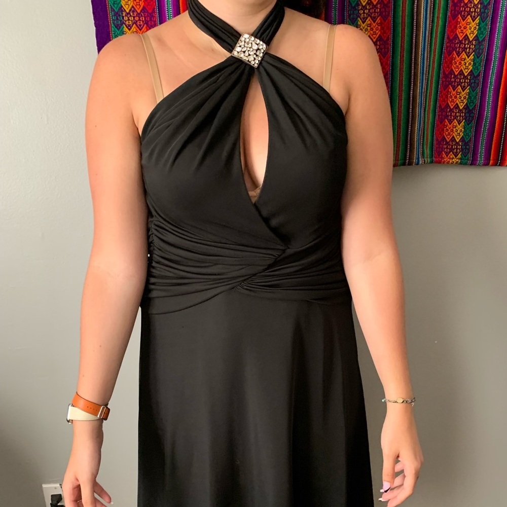 black halter crepe cocktail dress.